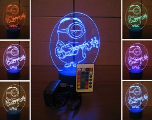 3D-світильник Міньйон гітарист, 3д-нічник, кілька подсветок (на пульті), подарунок хлопчикові