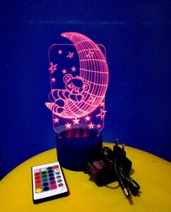 3D-світильник Мишка на місяці, 3д-нічник, кілька подсветок (на пульті), подарунок для новонародженого
