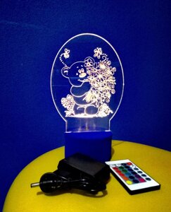 3D-світильник Мишка з квітами, 3д-нічник, кілька подсветок (на пульті), подарунок дитині