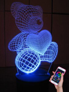 3D-світильник Мишка із серцем, 3д-нічник, кілька подсветок (bluetooth), романтичний подарунок