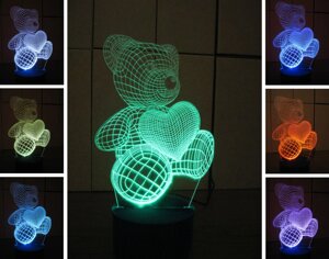 3D-світильник Мишка із серцем, 3д-нічник, кілька подсветок (на батарейці), романтичний подарунок