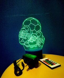 3D-світильник М'яч і бутси, 3д-нічник, кілька подсветок (на пульті), подарунок футбольному тренеру