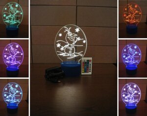 3D-світильник Олаф, Frozen, Холодне серце, 3д-нічник, кілька подсветок (на пульті)