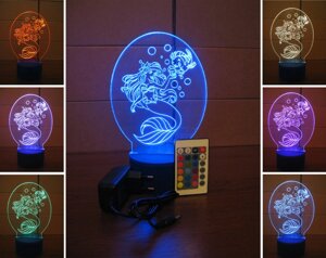 3D-світильник Русалочка Аріель, 3д-нічник, кілька подсветок (на пульті), подарунок для маленької дівчинки