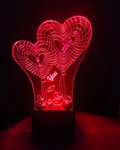 3D-світильник Серця I love you, 3д-нічник, кілька подсветок (батарейка + 220В)