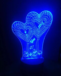 3D-світильник Серця I love you, 3д-нічник, кілька подсветок (на пульті)