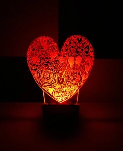 3D-світильник Серце LOVE, 3д-нічник, кілька подсветок (на батарейці), романтичний подарунок