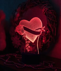 3D-світильник Серце з трояндою, 3д-нічник, кілька подсветок (батарейка + 220В), романтичний подарунок