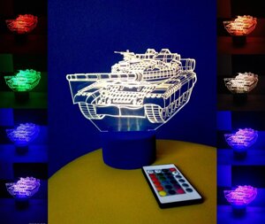 3D-світильник Танк, 3д-нічник, кілька подсветок (на пульті), подарунок військовому хлопчикові танкісту