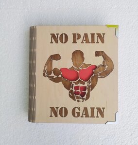 Дерев'яний блокнот "No pain no gain"на цільній обкладинці з ручкою), щомісячник з дерева, подарунок тренеру