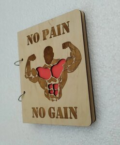 Дерев'яний блокнот "No pain no gain"на кільцях із ручкою), щоденник із дерева, подарунок бодибілдеру