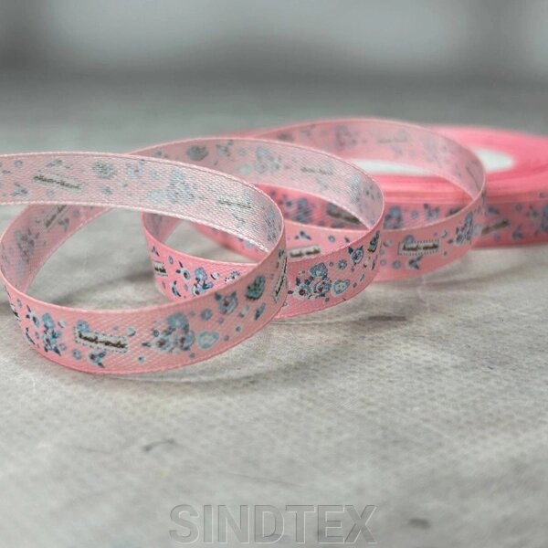 1 см Стрічка сатинова з принтом на відріз - #743/2 рожева від компанії SINDTEX - фото 1
