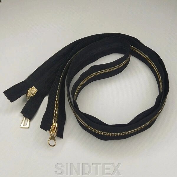 110 см-чорна з золотом спіральна блискавка для одягу з 2 бігунами типу 7 від компанії SINDTEX - фото 1