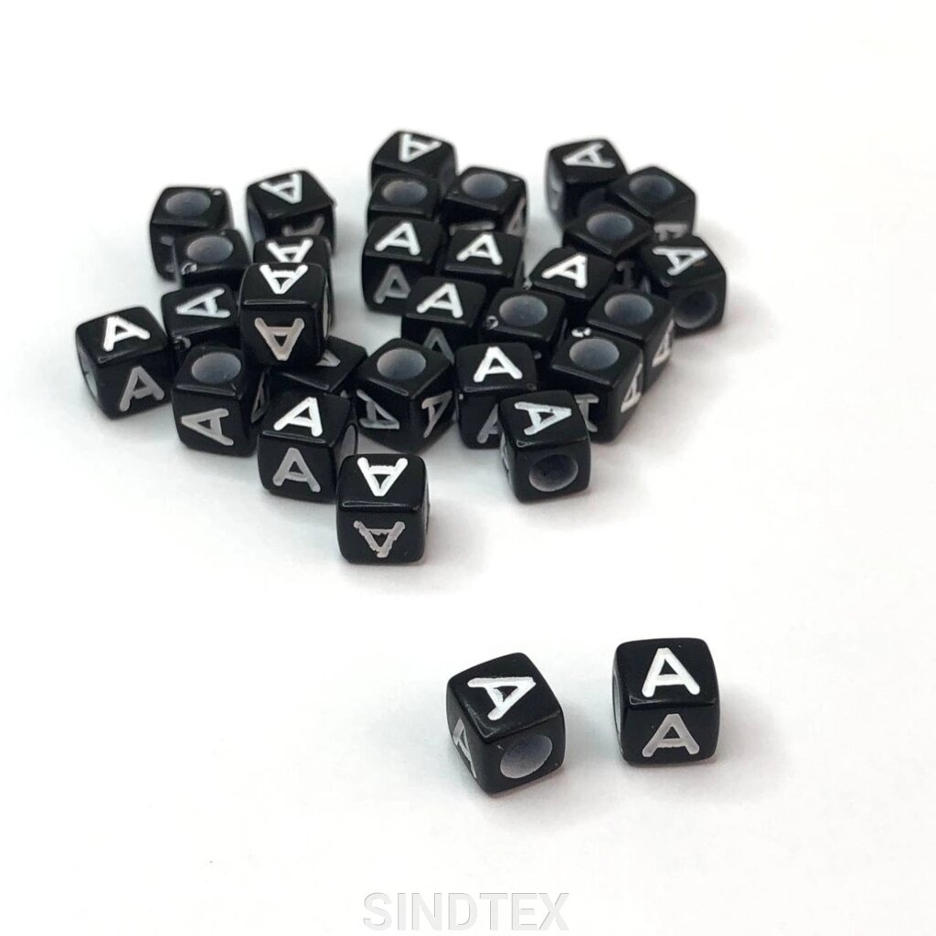 (20 г) Намистини куб пластикові, літери 6 мм (прим. 150 шт) - Чорний від компанії SINDTEX - фото 1