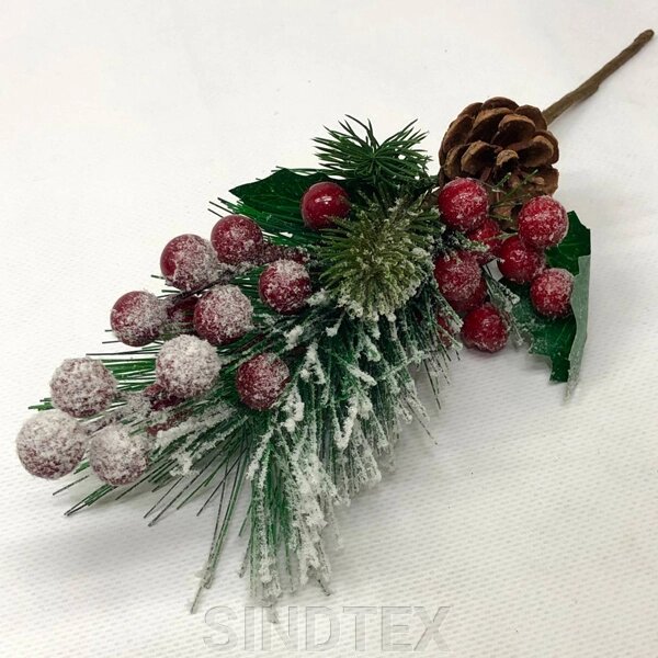 Декоративна соснова гілка з шишкою та калиною у снігу від компанії SINDTEX - фото 1