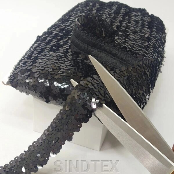 Декоративна тасьма-резинка з паєтками, чорна від компанії SINDTEX - фото 1