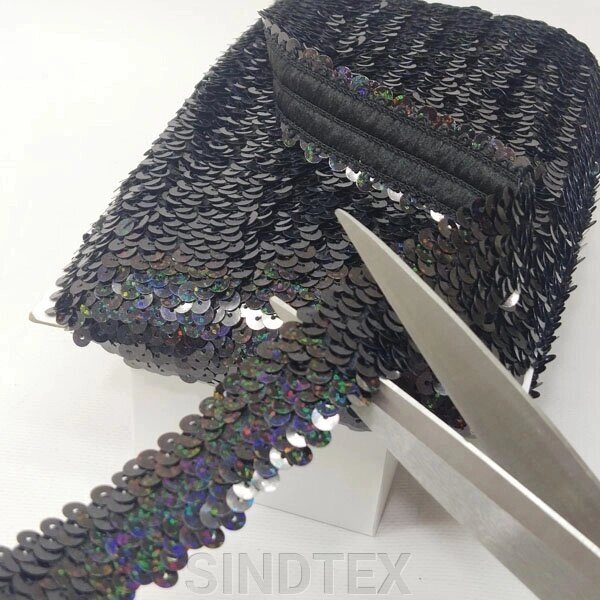 Декоративна тасьма-резинка з паєтками, чорний з переливом від компанії SINDTEX - фото 1