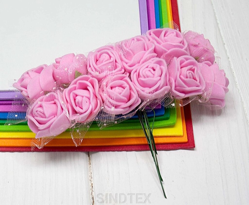 Фоаміранові трояндочки з Фатіном (12шт) колір- Рожевий від компанії SINDTEX - фото 1