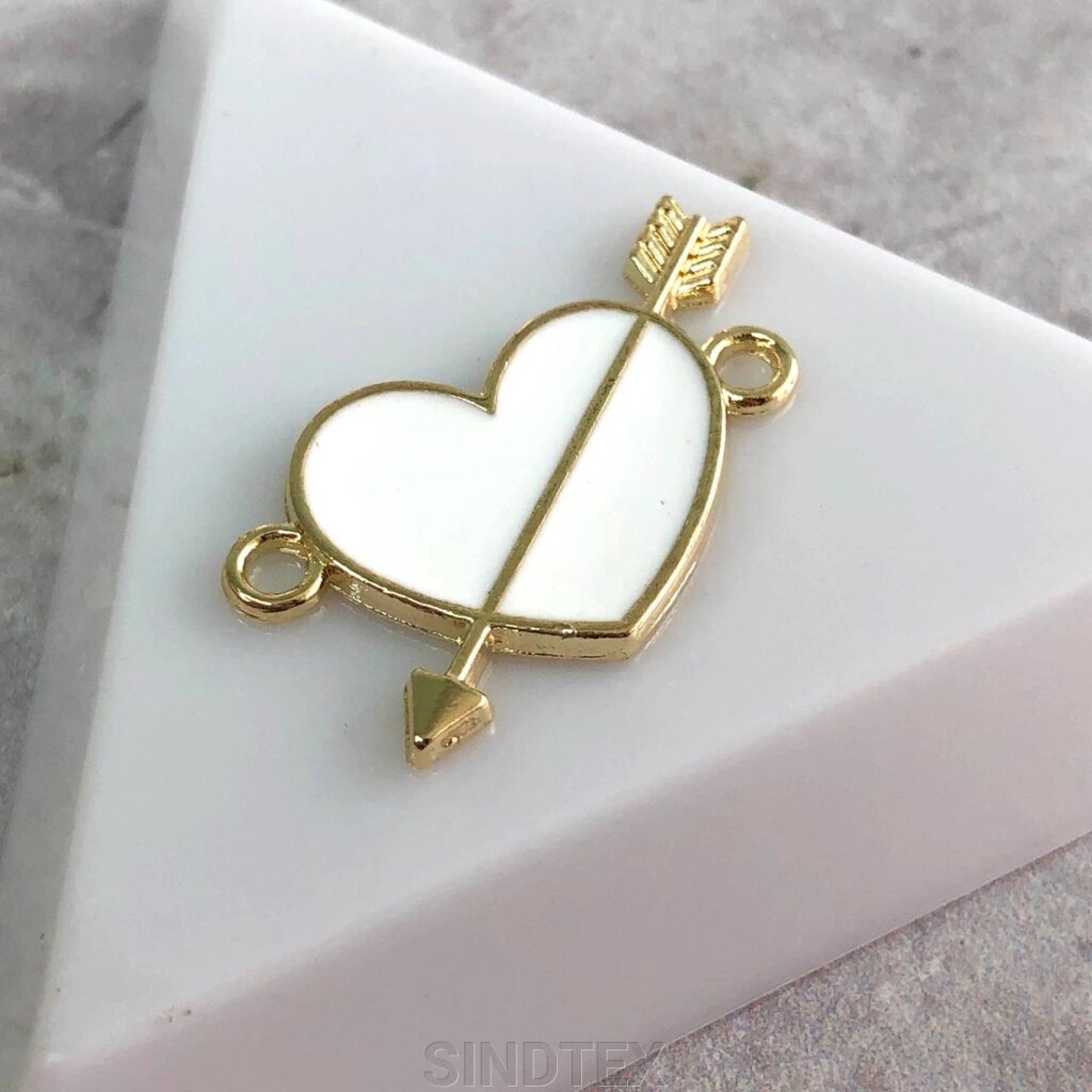 Конектор металевий "Серце з емаллю" 16х25 мм, - білий у золоті від компанії SINDTEX - фото 1