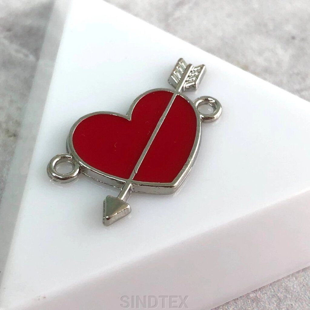 Конектор металевий "Серце з емаллю" 16х25 мм, - червоний у сріблі від компанії SINDTEX - фото 1