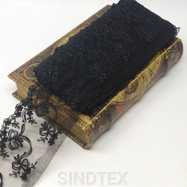 Мереживо на сітці (фатін) Sindtex 10 см (13 м) колір чорний (77-MT781-3) від компанії SINDTEX - фото 1