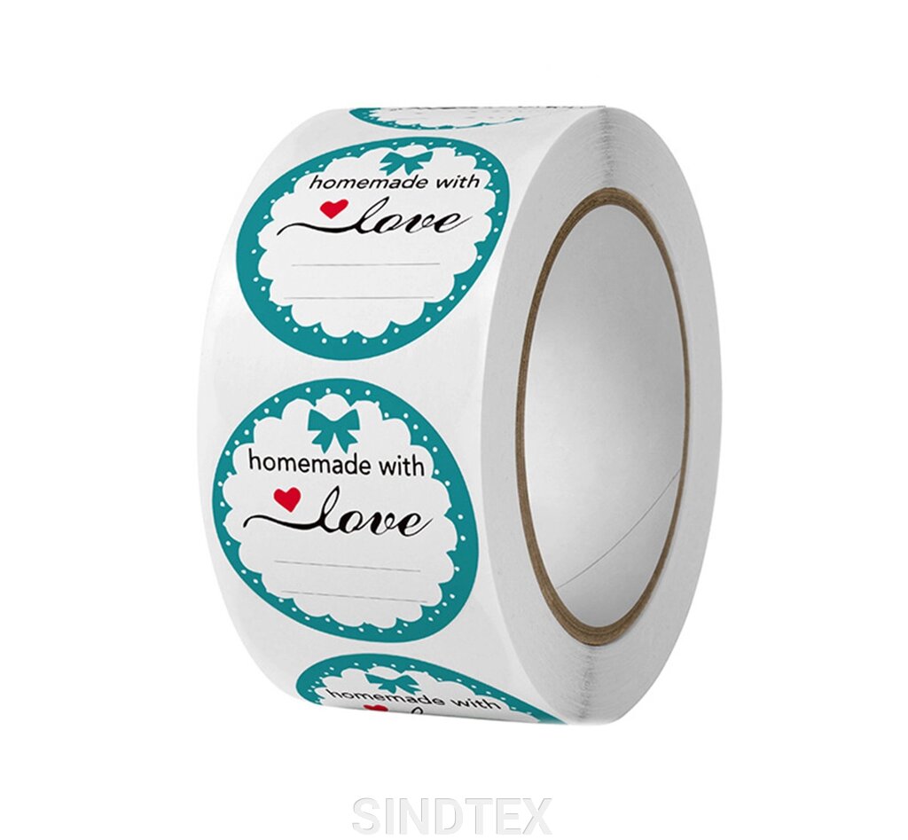 Наклейки на бобіні "HOMEMADE WITH LOVE" Ø 2,5 см, у рулоні 500 шт від компанії SINDTEX - фото 1