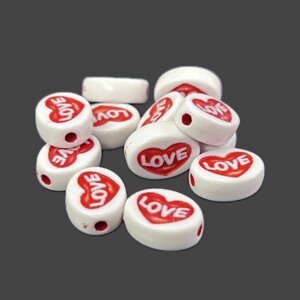 (20 г) Пластикові намистини плоскі "Love" 10х13 мм - червоний в Одеській області от компании SINDTEX