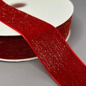 Оксамитова стрічка з люрексом золото 4 см 22 м - червоний