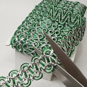 Декоративна тасьма 30 мм, зелена з сріблом