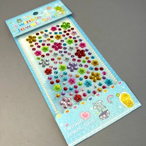 Стрази наклейки для декору на планшетці 9х23 см - різнокольорові квіточки