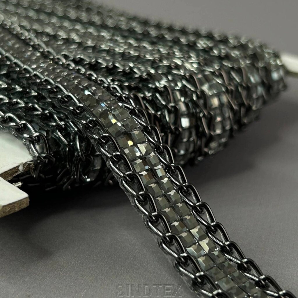 Стразова термо-тасьма на силіконі, 15 мм - стрази кристал з темним ланцюгом від компанії SINDTEX - фото 1