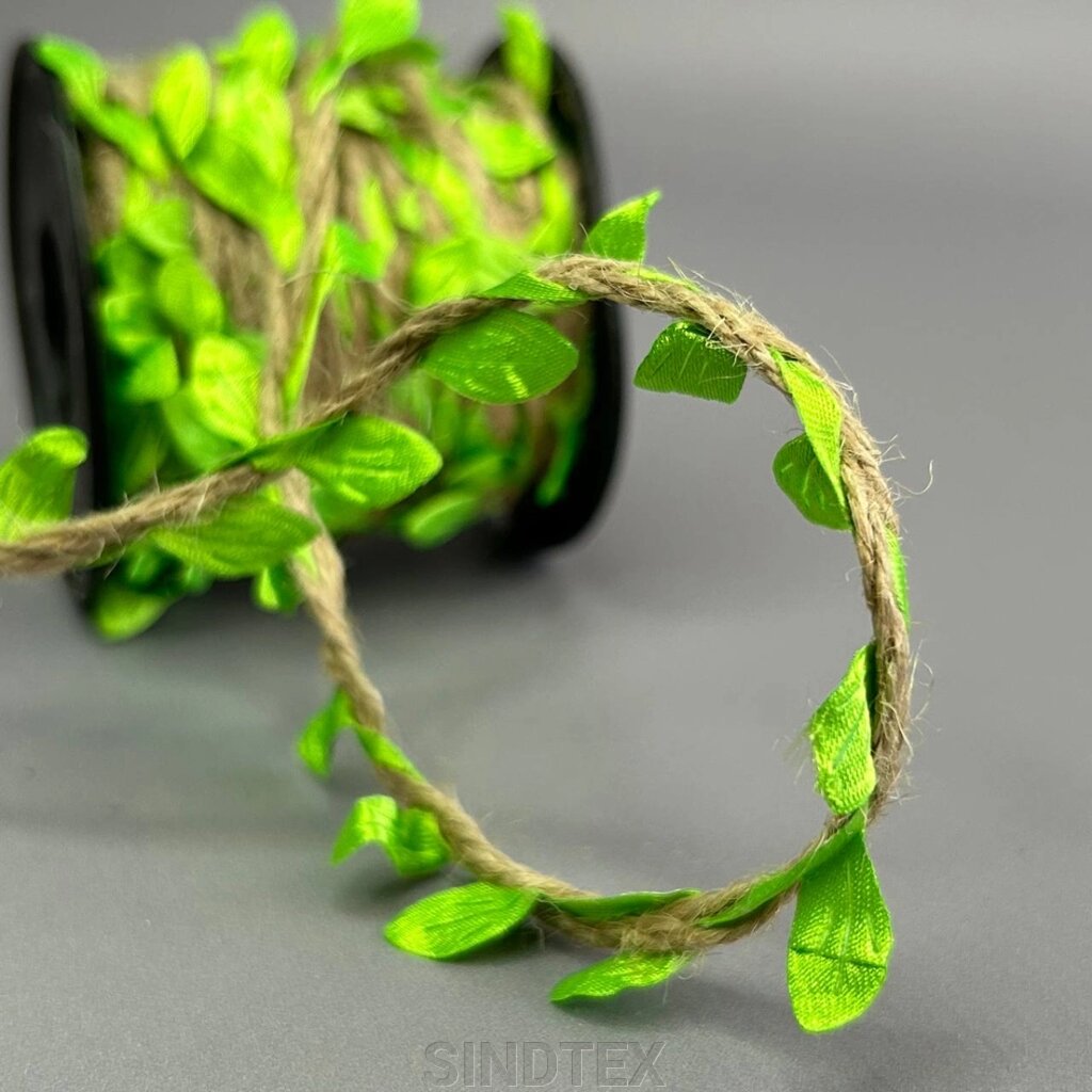 Тасьма мотузка з листочками "Ліана" 20 мм, моток 9 м - салатовий яскравий від компанії SINDTEX - фото 1
