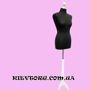 Манекен жіночий кравецький чорний на білій дерев'яній тринозі для пошиття одягу, магазину