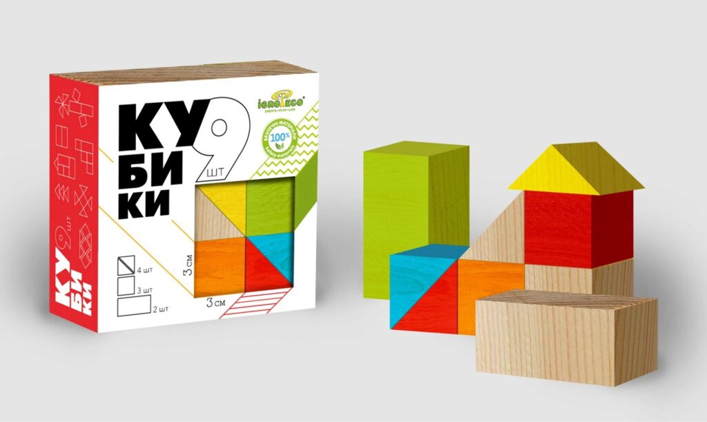 Дерев'яні кубики кольорові 9 шт. від компанії Pavlusha Toys - фото 1