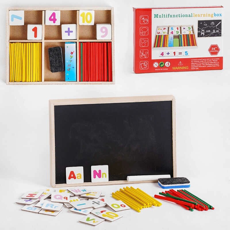 Дерев’яна іграшка Математика “Multifunctional learning box”, палички, цифри, знаки, дошка для малювання крейдою, у кор. від компанії Pavlusha Toys - фото 1