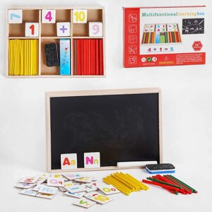 Дерев’яна іграшка Математика “Multifunctional learning box”палички, цифри, знаки, дошка для малювання крейдою, у кор.