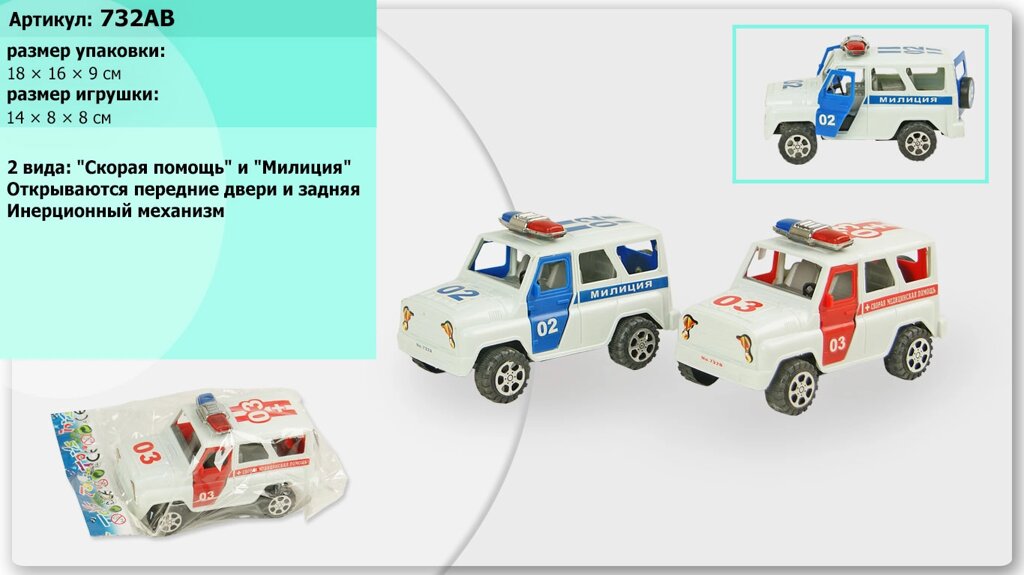 Машина RUS "Міліція" 2 види, відкр., двері, п/е 18*6*9см /300-2/ від компанії Pavlusha Toys - фото 1