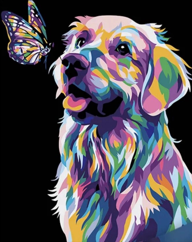 Набір для розпису по номерах Поп-арт собака з метеликом Strateg на чорному фоні розміром 40х50 см (AH1047) від компанії Pavlusha Toys - фото 1