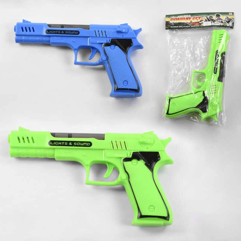 Пістолет 2 кольори, на батарейках, підсвічування корпусу та дула, звук, у п/е /240-2/ від компанії Pavlusha Toys - фото 1