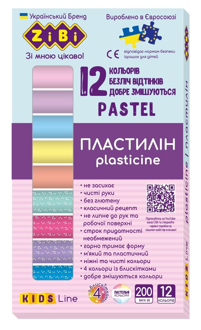 Пластилін PASTEL 12 кольорів, 200г (8 пастель + 4 глітер), KIDS Line від компанії Pavlusha Toys - фото 1