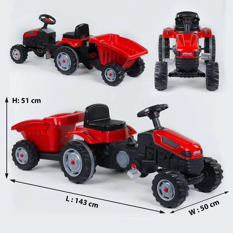 Трактор педальний з причепом Pilsan RED клаксон на кермі, сидіння регульоване, задні колеса з гумовими накладками, в від компанії Pavlusha Toys - фото 1