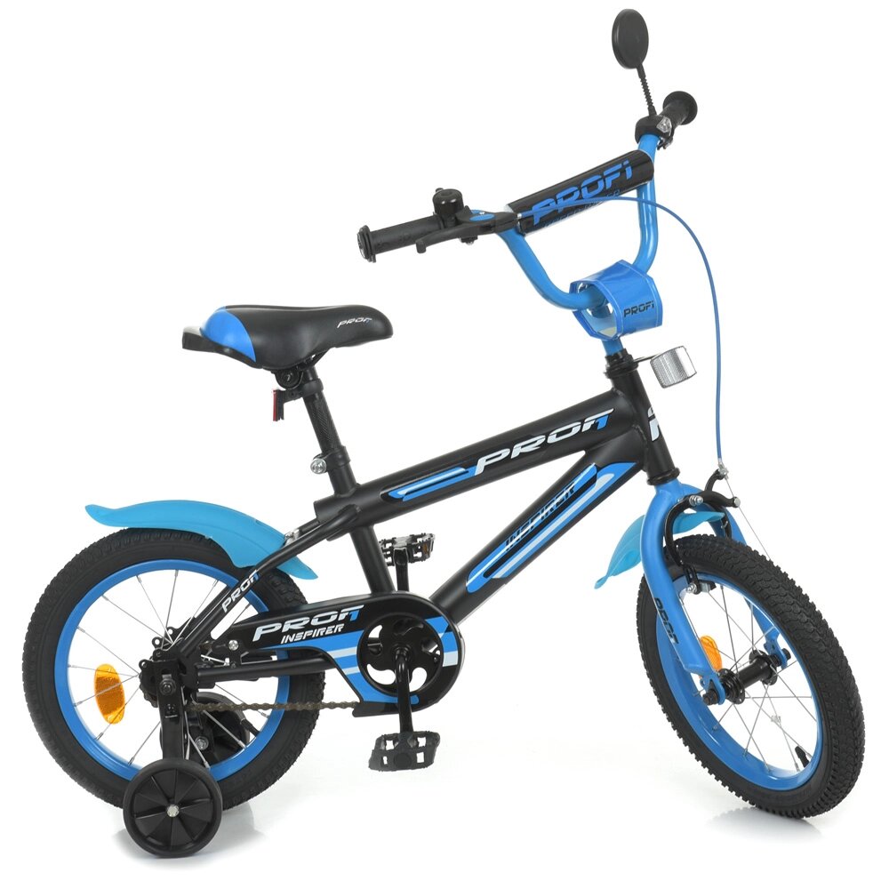 Велосипед дитячий PROF1 14д. Y14323-1 (1шт) Inspirer, SKD75,ліхтар, дзвінок, дзеркало, дод. кол., чорно-синій (мат) від компанії Pavlusha Toys - фото 1