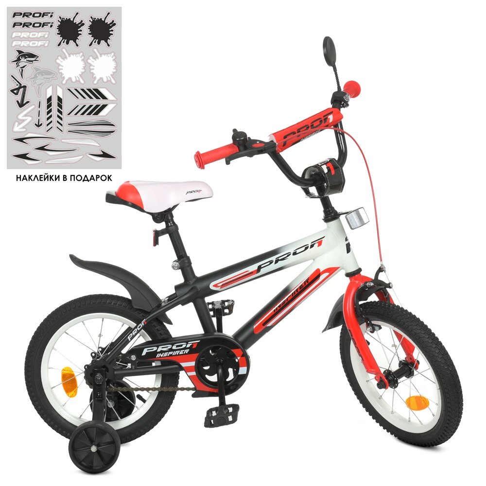 Велосипед дитячий PROF1 14д. Y14325-1 (1шт) Inspirer, SKD75,ліхтар, дзвінок, дзеркало, дод. кол., чорно-білий-червоний від компанії Pavlusha Toys - фото 1