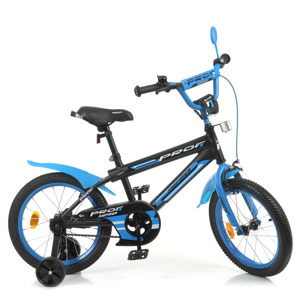 Велосипед дитячий PROF1 16д. Y16323-1 (1шт) Inspirer, SKD75,ліхтар, дзвінок, дзеркало, дод. кол., чорно-синій (мат) від компанії Pavlusha Toys - фото 1