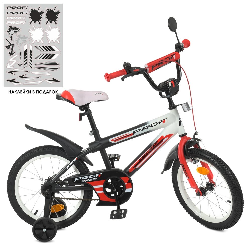 Велосипед дитячий PROF1 16д. Y16325-1 (1шт) Inspirer, SKD75,ліхтар, дзвінок, дзеркало, дод. кол., чорно-білий-червоний від компанії Pavlusha Toys - фото 1