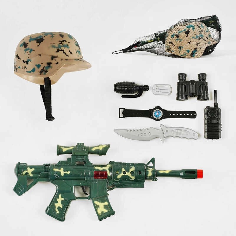 Військовий набір 8 елементів, автомат, шолом, у сітці /60-2/ від компанії Pavlusha Toys - фото 1