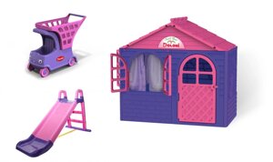 НАБІР Дитячий ігровий пластиковий будиночок зі шторками, дитяча пластикова гірка та візок-авто ТМ Doloni