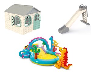 НАБІР "ЛІТО"Дитячий пластиковий будиночок зі шторками, велика гірка ТМ Doloni і надувний ігровий комплекс INTEX