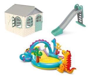 НАБІР "ЛІТО"Дитячий пластиковий будиночок зі шторками, велика гірка ТМ Doloni і надувний ігровий комплекс INTEX