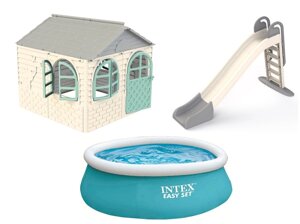 НАБІР "ЛІТО"Дитячий пластиковий будиночок зі шторками, велика гірка ТМ Doloni і наливний басейн INTEX
